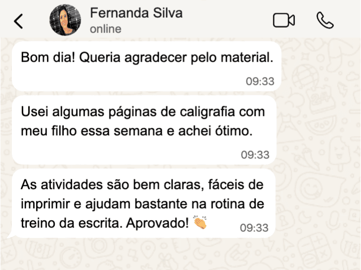 Depoimento de Fernanda Silva sobre as atividades de caligrafia